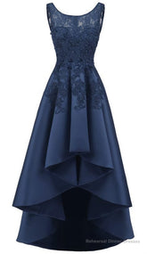 New Arrive Long Formal Prom Dress, Navy Blue Lace Beaded Wedding Party Dresses, High Low Bridesmaid Gowns Formal